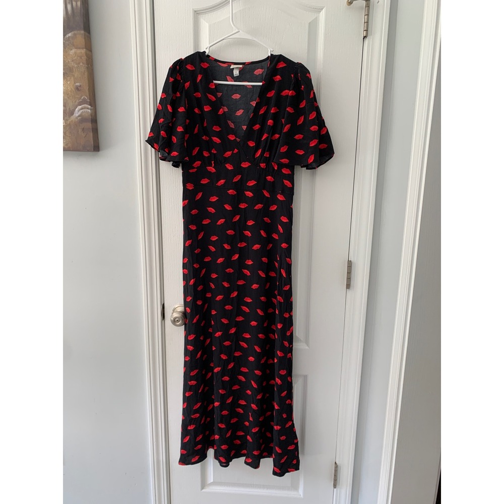 A New Day Womens Black Red Lip Print Maxi Dress V-Neck Flutter Sleeve Size 6